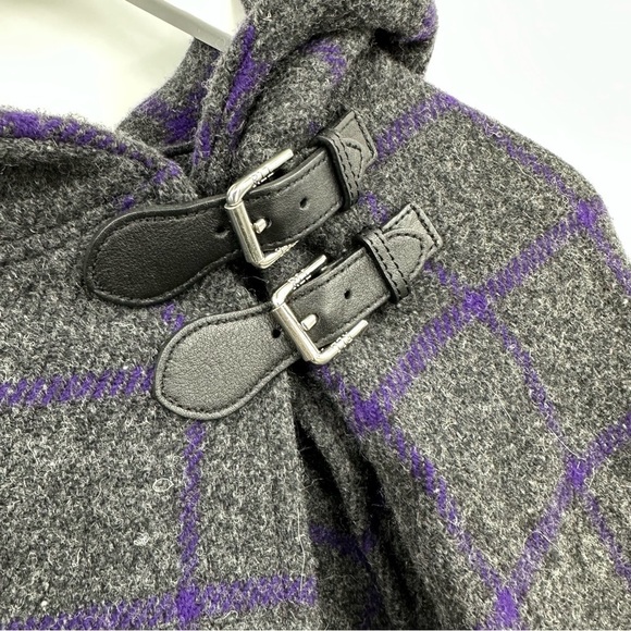 Ralph Lauren Wool Blend Windowpane Cape Poncho Gray Purple One Size - Picture 6 of 6